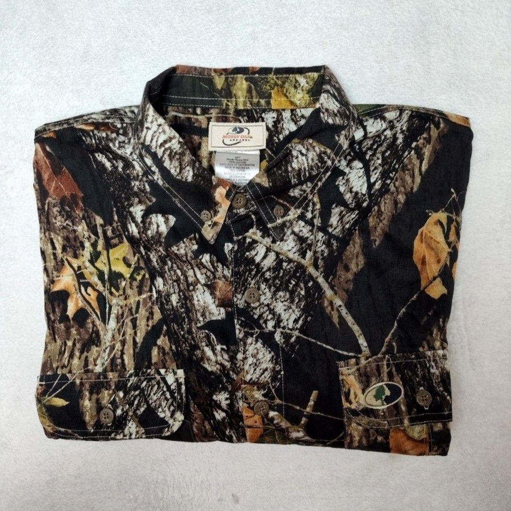 Vintage Mossy Oak Shirt Mens 2XL Green Camouflage Y2K Button-Up Hunting Fishing